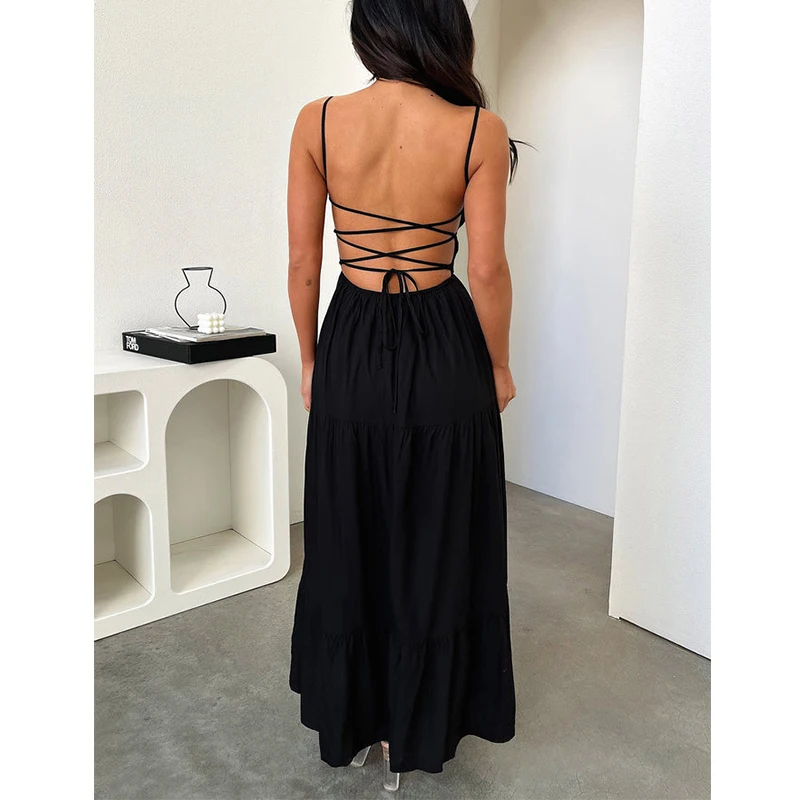 Robe longue à bretelles spaghetti pour femmes, coupe basse, décontracté, dos nu, fluide, maxi, vêtements de vacances, batterie, été, sexy, y2k