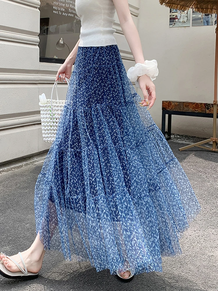 

Синяя женская летняя юбка-миди А-силуэта 2026 года, новая модель из тюля, с высокой талией, драпированная, в корейском стиле, для повседневной носки, на подкладке