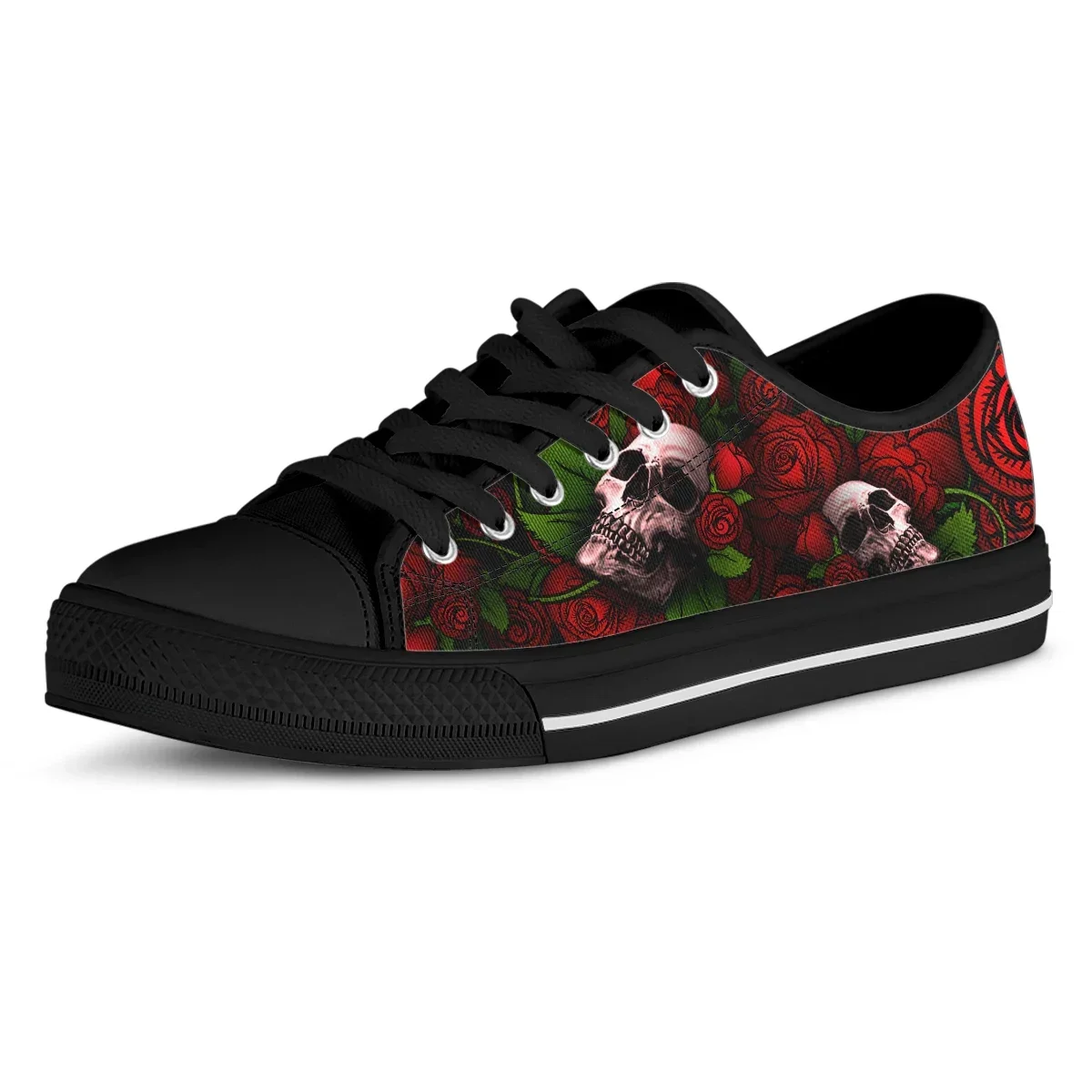 Women's Red Rose Skull Print Flat Shoes Summer Low Tops Canvas Shoes Women Comfort Casual Flats Shoes Lace Up Sneakers