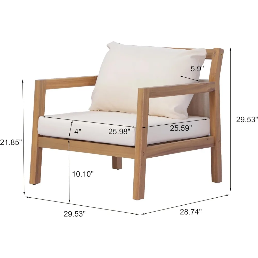 Acacia Wood Outdoor Lounge Chair with Removable Cushion, Solid Wood Patio Accent Chair with Cushion, Light Teak and Beige