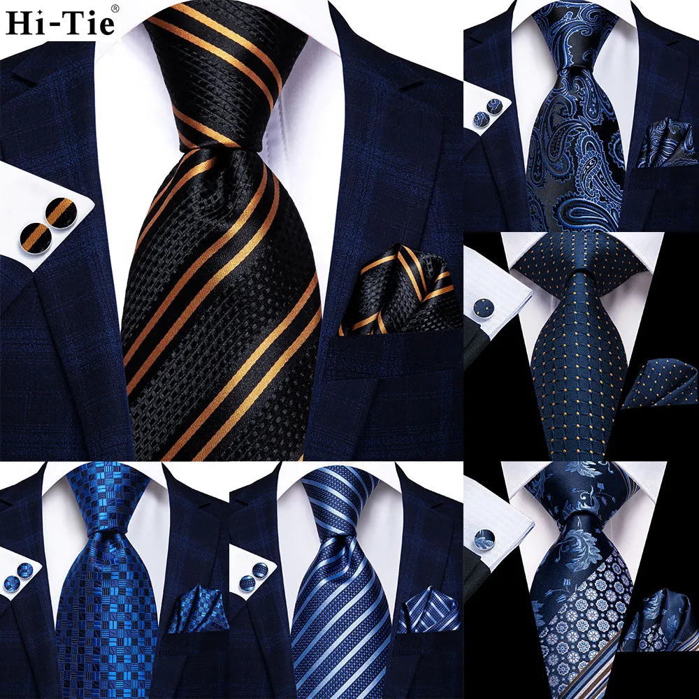 

Hi-Tie Black Gold Striped 63inch Silk Mens Extra Long Ties for Men Woven Classic 160cm Mens Necktie Pocket Square Set Cufflinks