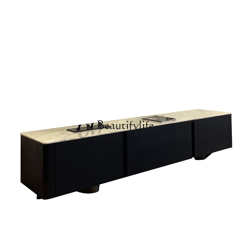 04Modern light luxury rock panel TV cabinet oak smoke color solid wood floor cabinet
