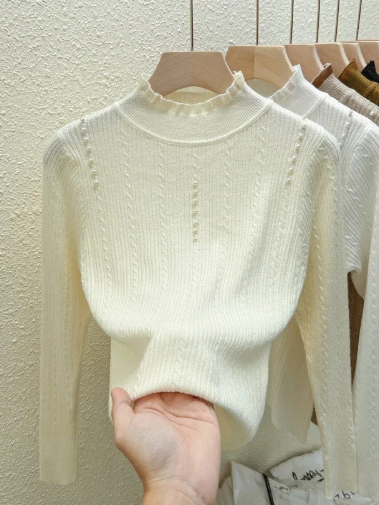 

Women Slim Sexy Knitted Pullover Turtleneck Beading Women Sweater High Elastic Solid 2025 Autumn Winter Fashion Sweater