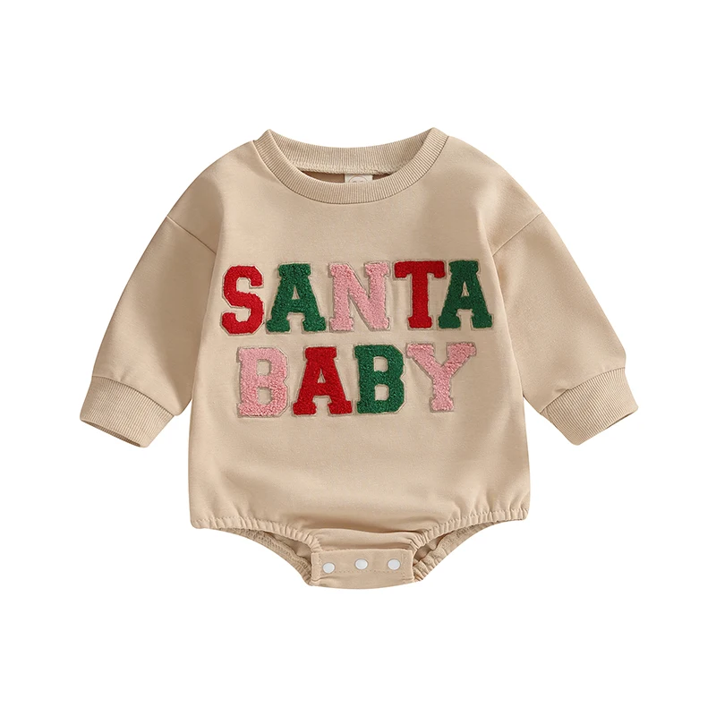 Casual Baby Long Sleeve Sweatshirt Rompers Infant Christmas Fuzzy Letter Round Neck Bodysuit Newborn Xmas Jumpsuits Clothes