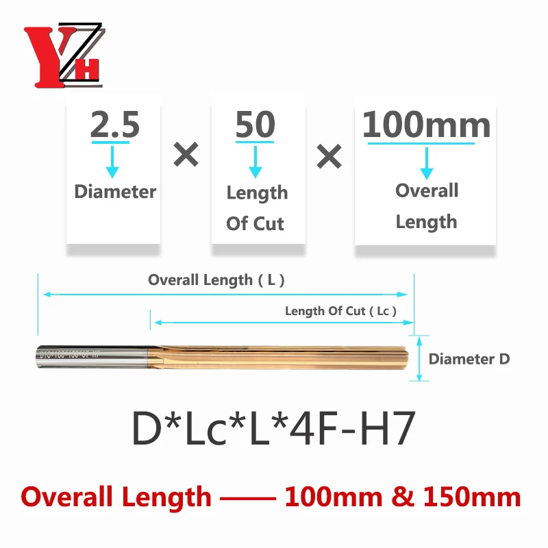 YZH 100mm 2.5-12.9mm Carbide Machine Reamer HRC60 Straight/Spiral Groove Tolerance H7 Harened Steel Metal CNC Turning Hole