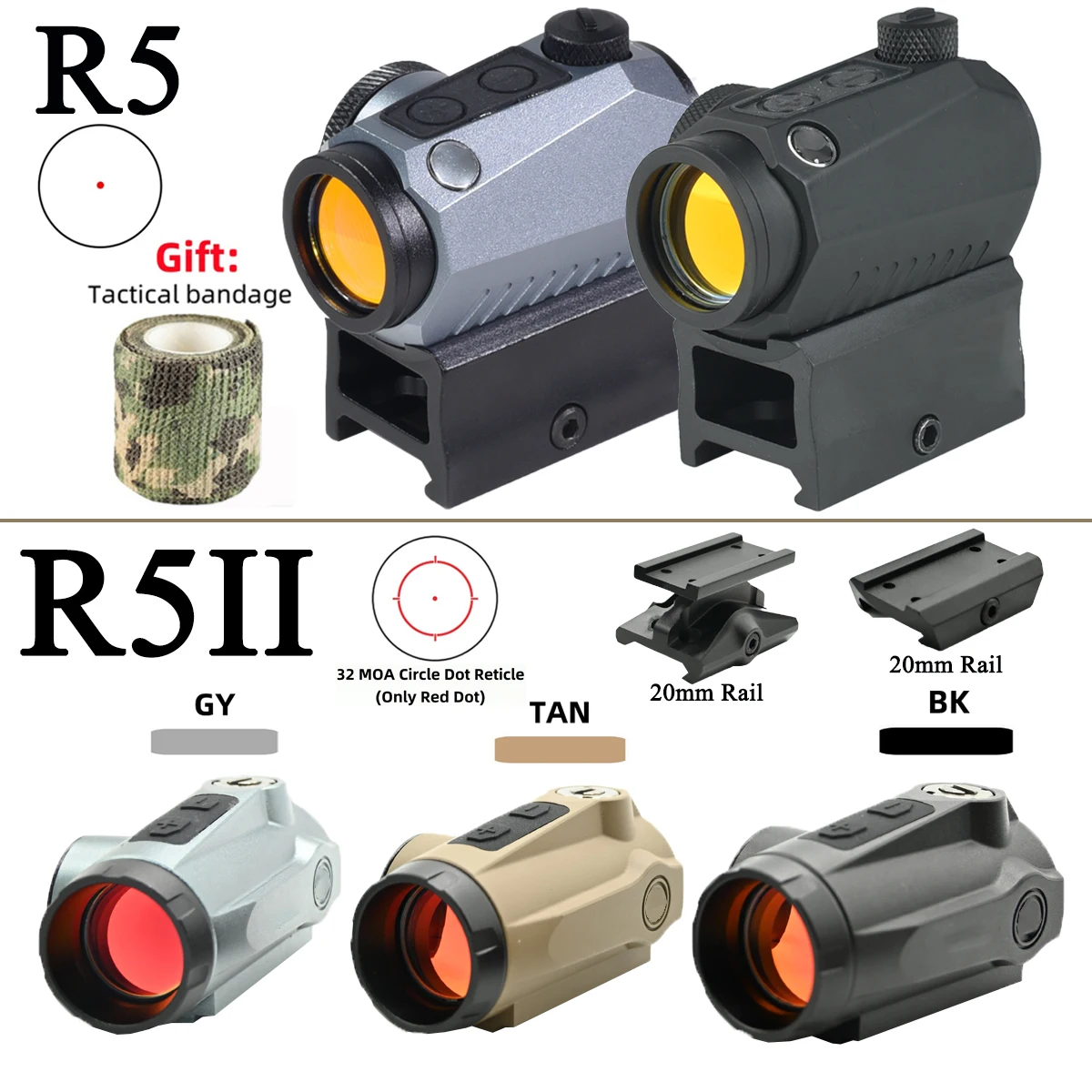 Tactical R5 GENII Red Dot Sight Optics Hunting 1x20mm Compact Airsoft Sight with 20mm Tall and Low Mounts and Motion Awake