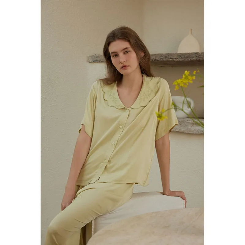 New Satin Literary Embroidery Wavy Collar Loungewear Lapel Short Sleeve Trousers Pajama Set Solid Viscose Silk Pajamas for Women