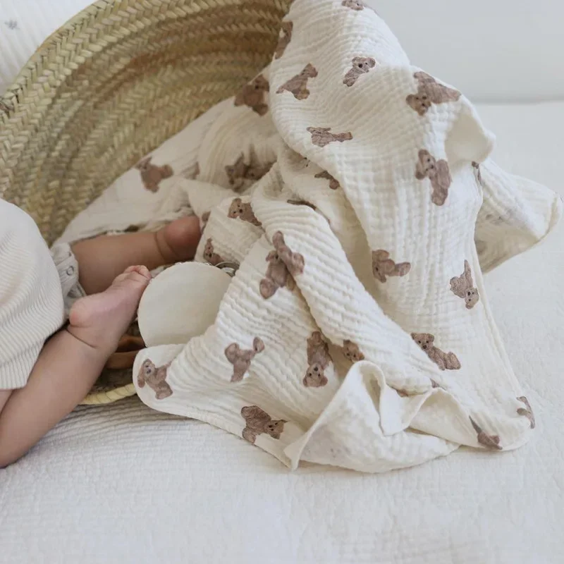 Baby Stroller Cover Infant Cotton Gauze Swaddle Wrap Bedding Baby Bath Towel 90cmX130cm Bear Print Blanket Muslin Breathable