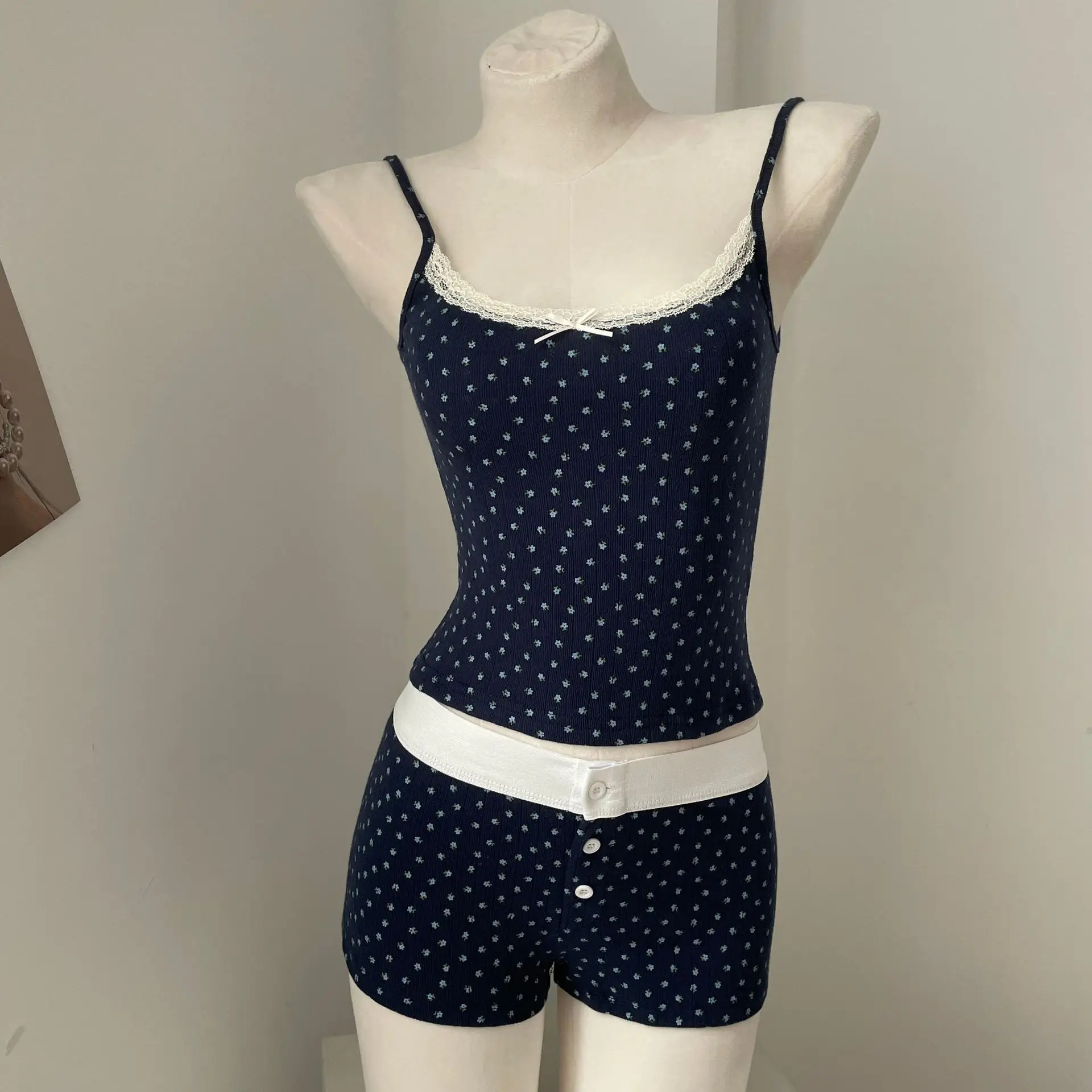 Camisole à œillets à imprimé floral pour femme, haut court en dentelle, nœud de garniture, fibre mince, précieux, chic, vintage, nouveau, Y2K, été