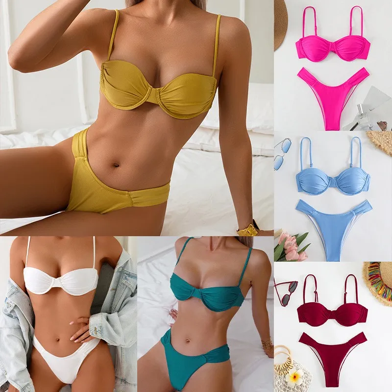 

Women's Bikini Yellow Bandeau Top Swimwear 2026 High Waist Bottom Women Bikinis Teal Two Piece Swimsuit Pink Bikini Set Solid