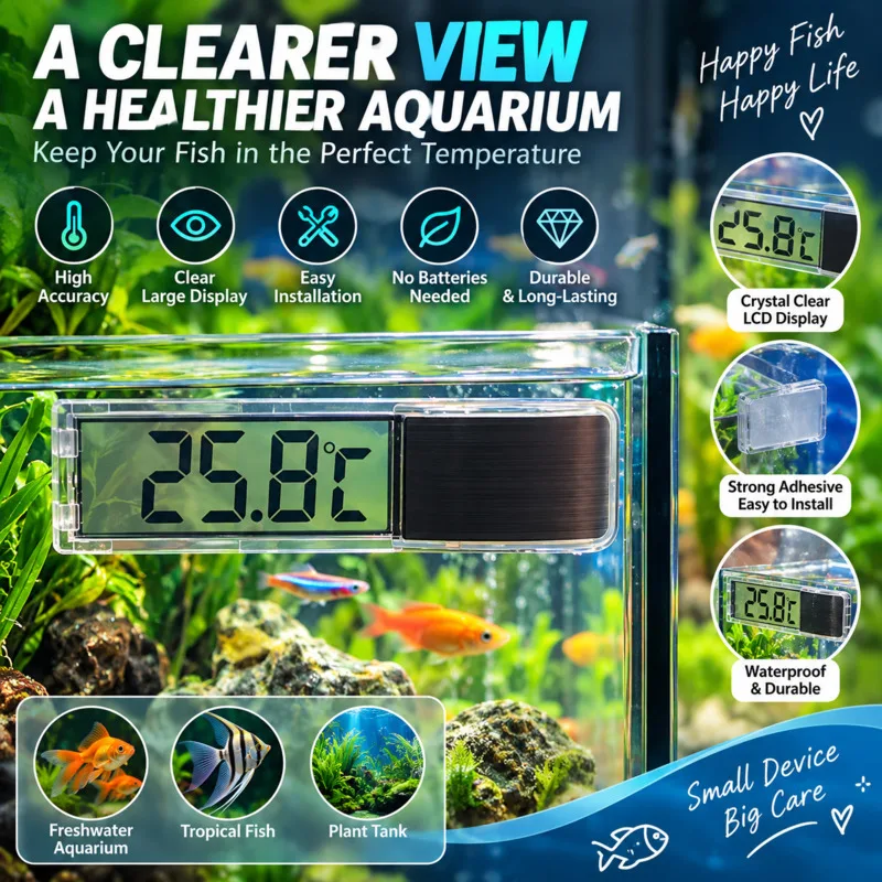 3D Digital LCD Aquarium Thermometer, Electronic Water Temperature Meter Crystal, Sensor Energy Saving LED Fish, Tank Gauge Decor