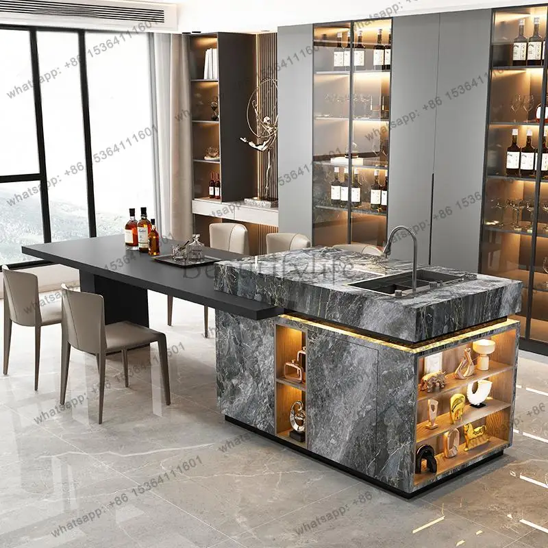 Luxury Kitchen Island with Sink - Custom Waterfall Edge Marble Countertop, Ready-to-Install Dining