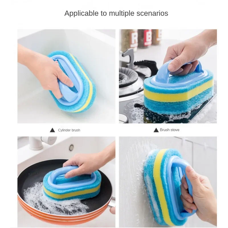 Sponge Cleaning Brush with Handle Thickened Stain Removing Clean Brush Pot Tile Kitchen Toilet Bathroom Cleaning Sponge Wipe