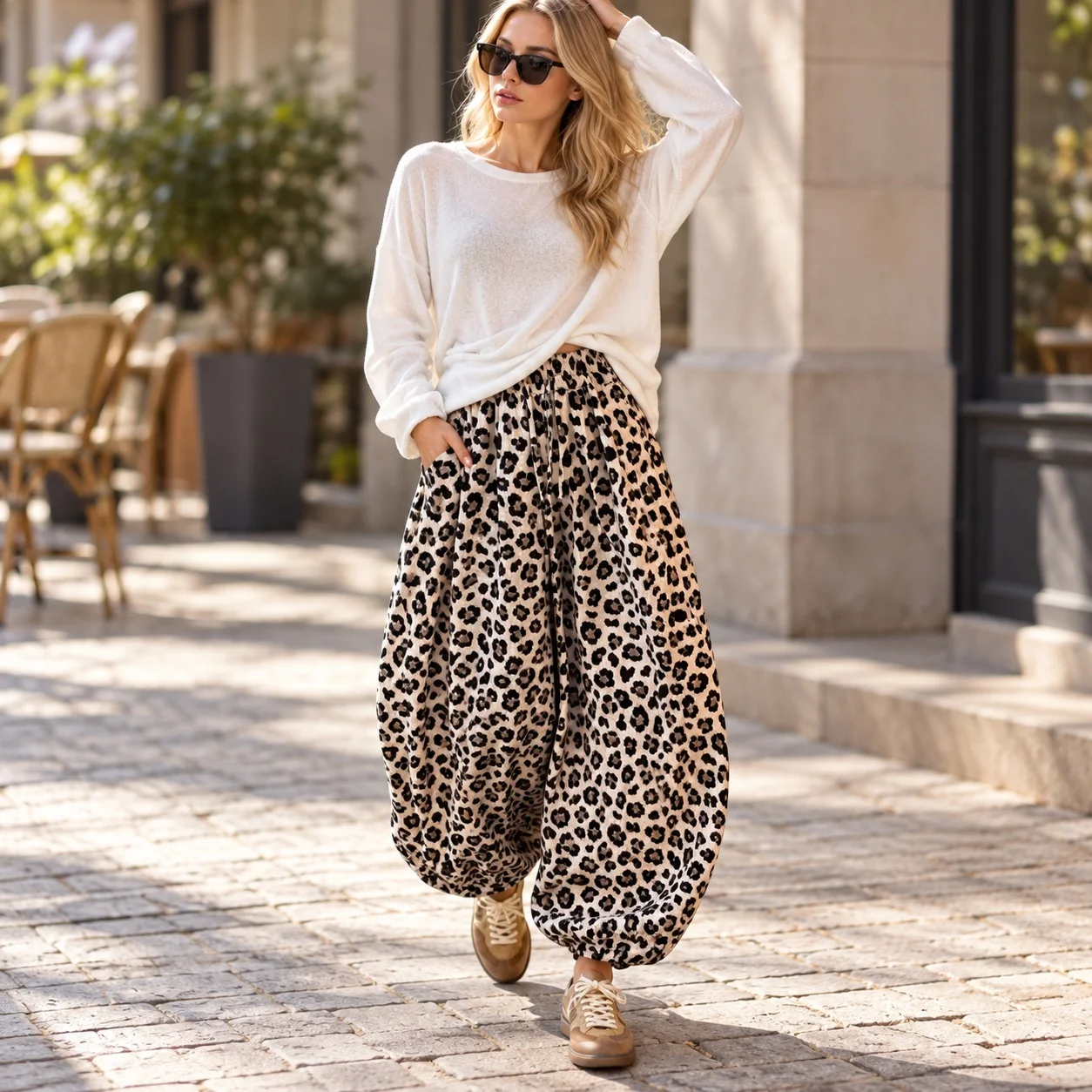 Loose Fit Leopard Print Pants Cropped High Waist with Lightweight Slight Stretch Sexy European and American Style Women Pants