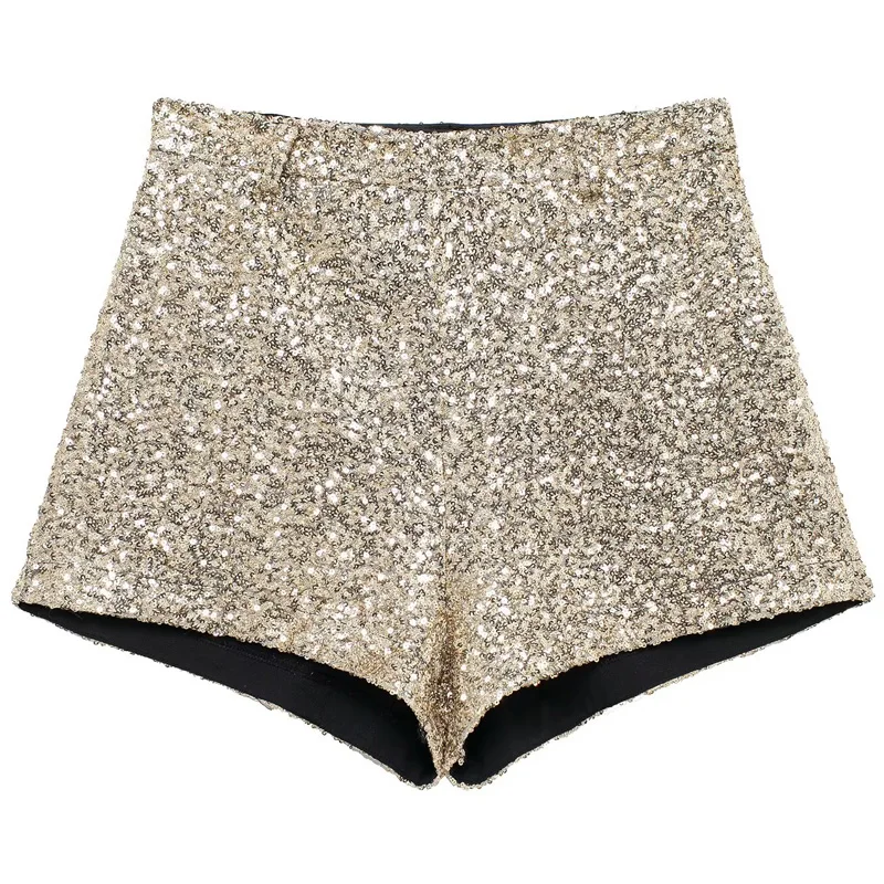 TRAF 2025 Mini Pantaloncini con paillettes Donna Pantaloncini corti sexy a vita alta da donna Pantaloncini rosa oro glitterati Pantaloncini eleganti da strada