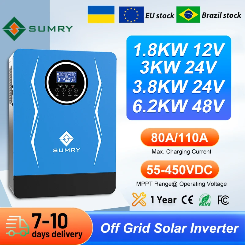 

Солнечный инвертор Sumry 3 кВт, 3.8 кВт, 6.2 кВт, 24/48В, автономный, с чистой синусоидой, контроллер заряда MPPT