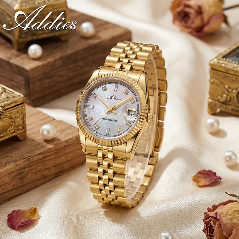ADDIES Quartz Woman Watches Swiss 585 Mother of Pearl Dial Sapphire Glass Watch 316L Stainless Steel Waterproof Business Watch