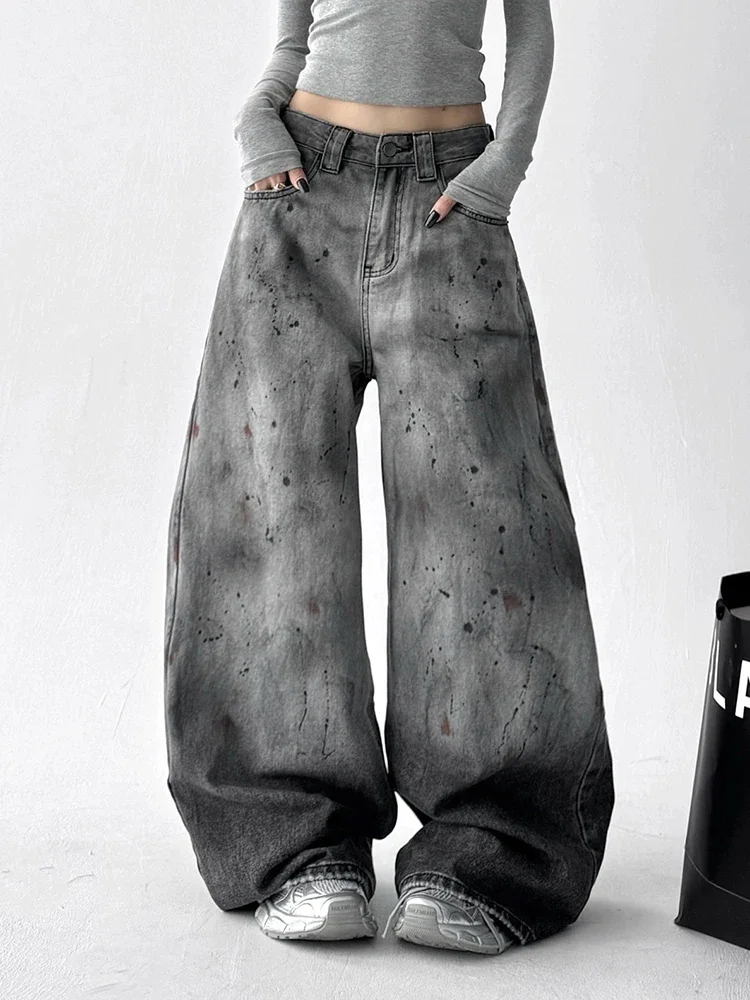 Y2K Splashed Ink Jeans Women Graffiti High Waist Wide Leg Loose Floor Length Casual Pants Autumn New