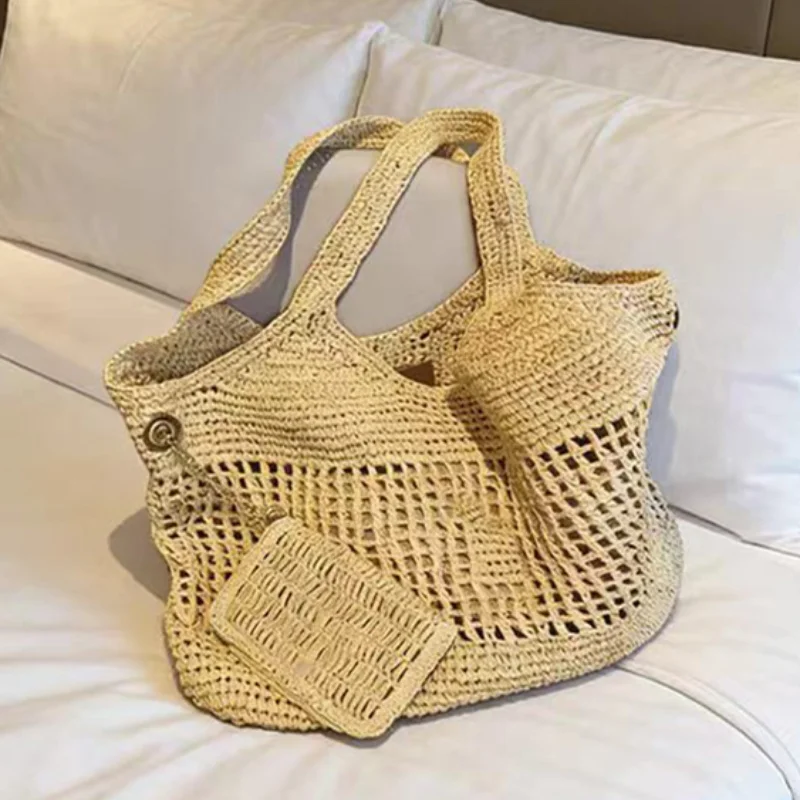 

French Openwork Straw Shoulder Bag Hand-woven Large Capacity Casual Bucket Bag Stylish Woven Versatile Beach Bag Travel Tote Bag