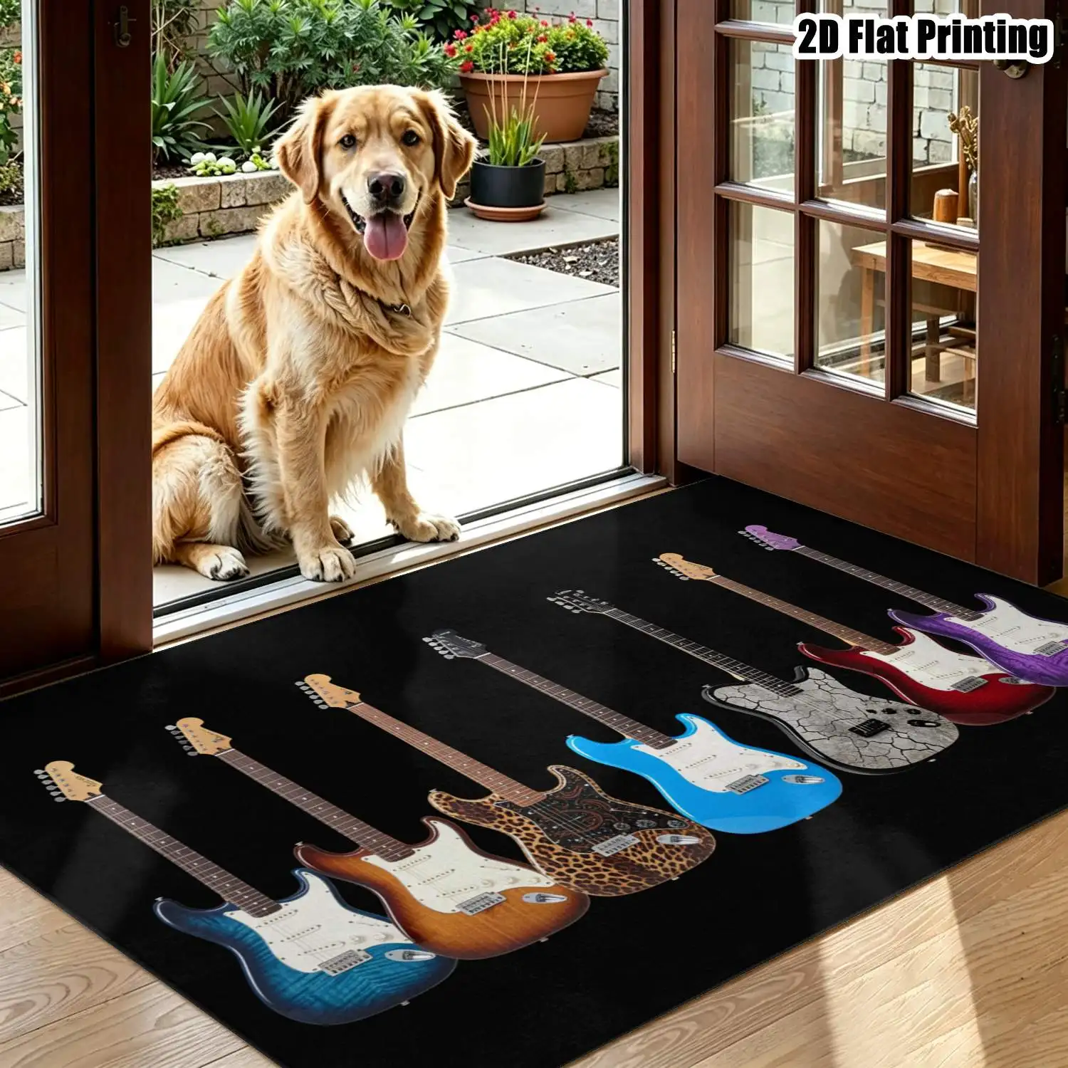 1Pc 2D Printed Multi-Color Electric Guitar Pattern Carpet, Suitable for Instagram & Vintage Decor, Machine Washable, Multi-Size, for Home & Door Mats