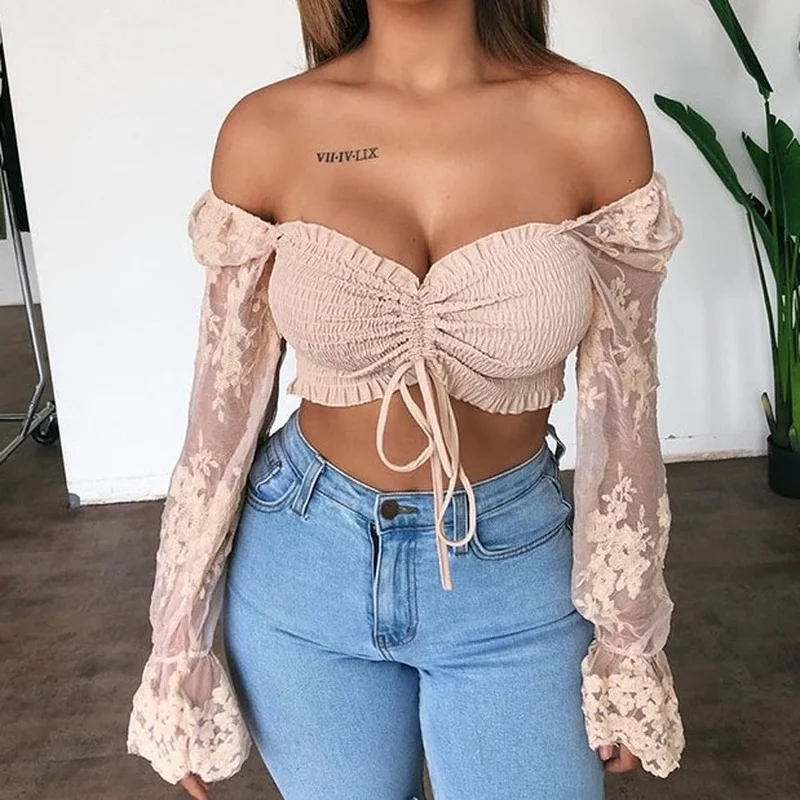 Spring Floral Print Casual Basic Tshirt Women 2023 Sexy Lace Off Shoulder T-Shirts Ruffle Pleated Short Women Embroidery Tops