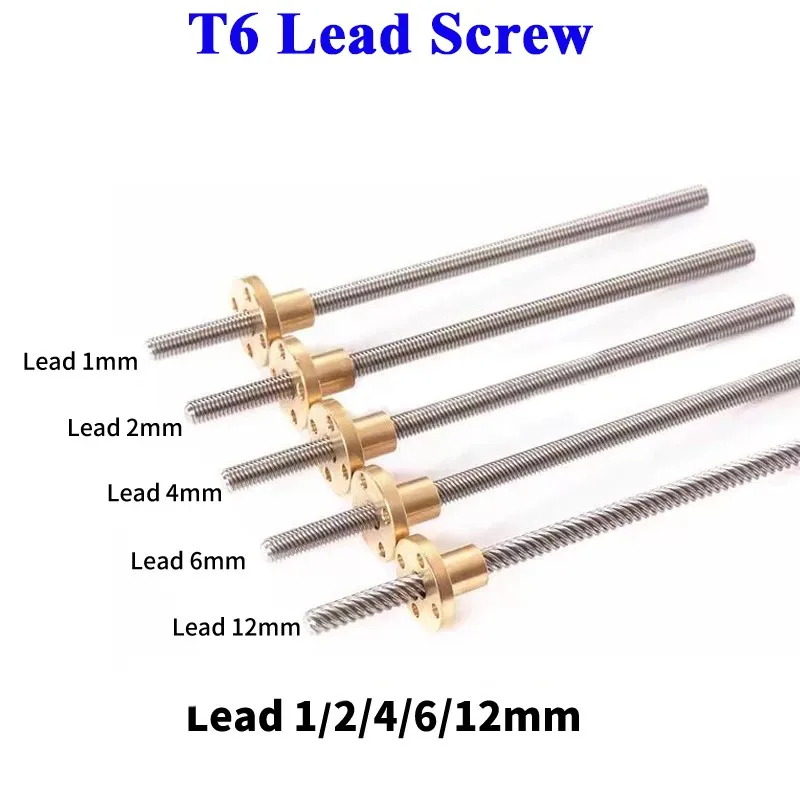 Śruba pociągowa T6 ze stali nierdzewnej 304 Śruba trapezowa o skoku 1/2 mm/4 mm/6 mm/12 mm Śruba pociągowa z mosiężną nakrętką do drukarki 3D