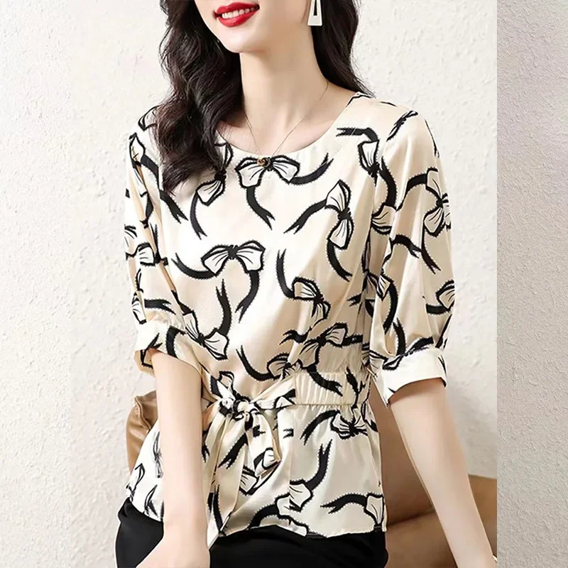 Camisa de gasa estampada de manga corta con estilo, Tops ceñidos en la cintura con temperamento informal de verano, ropa de moda para mujer