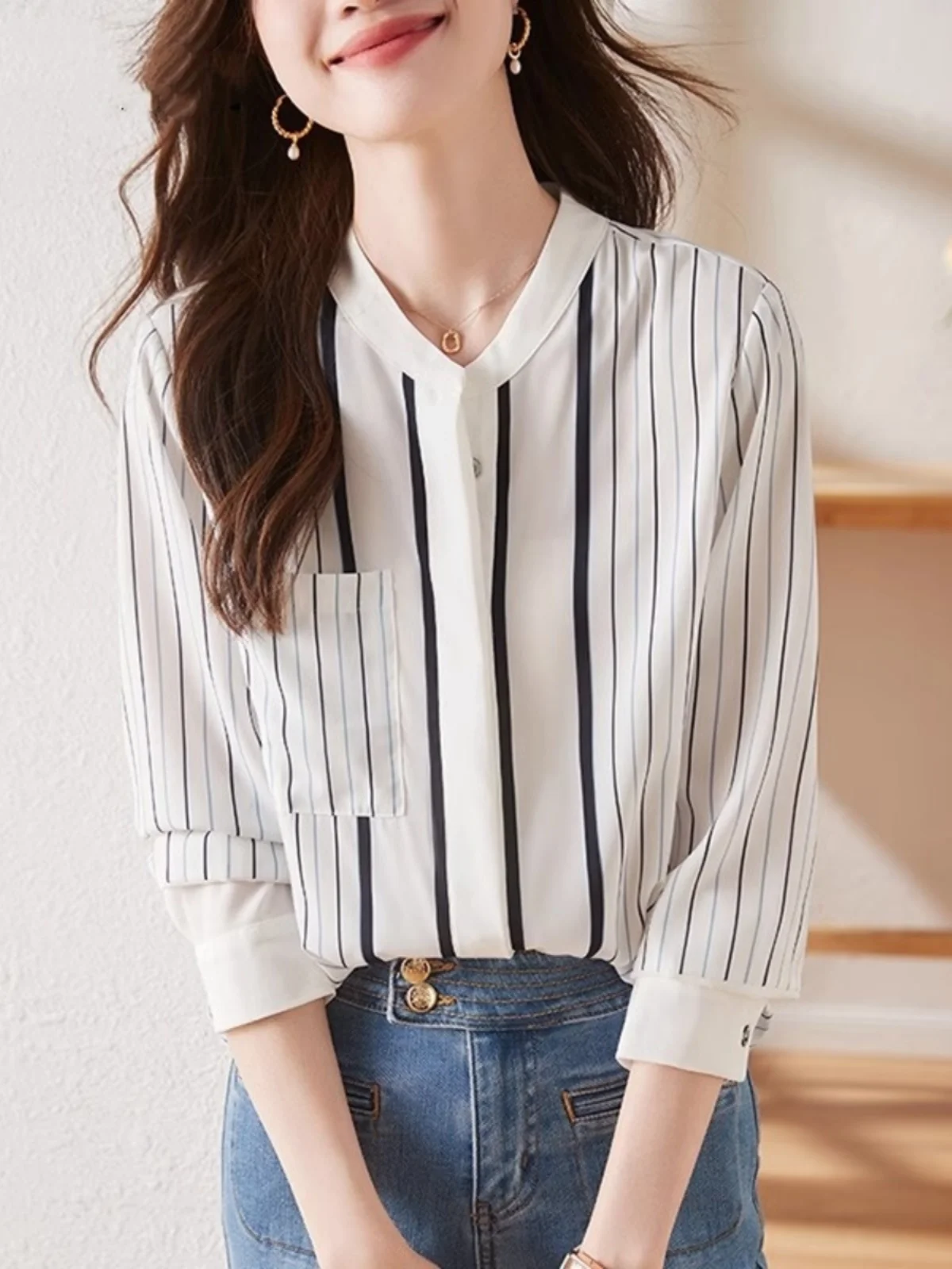

Женская свободная шифоновая блузка с длинным рукавом, прямого кроя, с V-образным вырезом, в полоску, для весны, осени и зимы, повседневный деловой модный топ