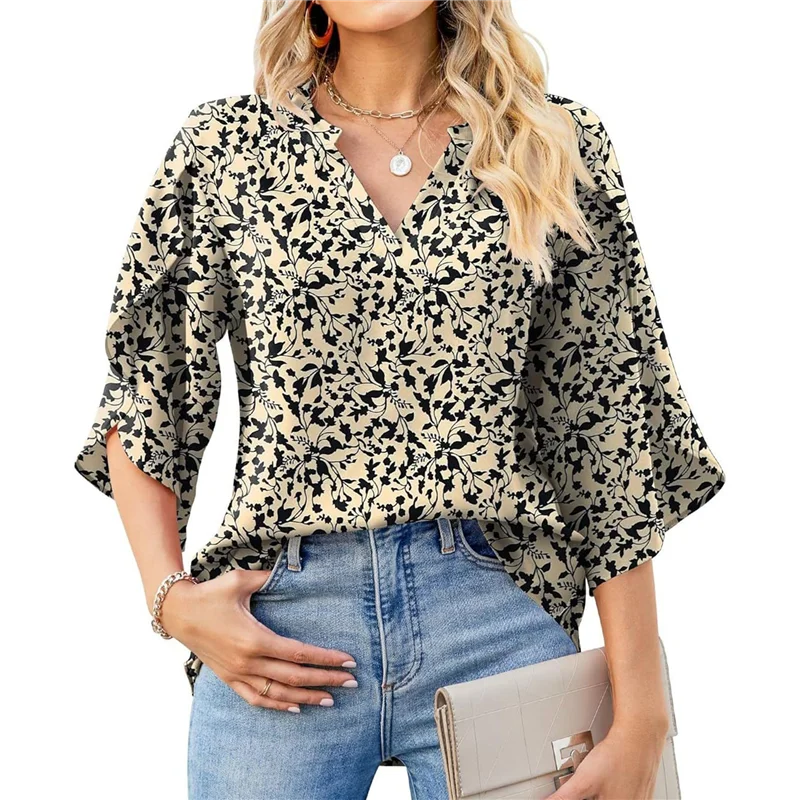 

ABP-3/4 Length Sleeve Women's Tops Loose V-Neck Petal Chiffon Print Shirt Business Work Blouses