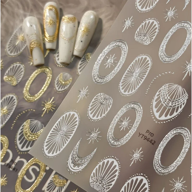 5D Golden Reliefs Sun Moon Star Nail Stickers Retro Boho Oval Frame Self Adhesive Nail Decoration DIY Manicure Nail Art Stickers