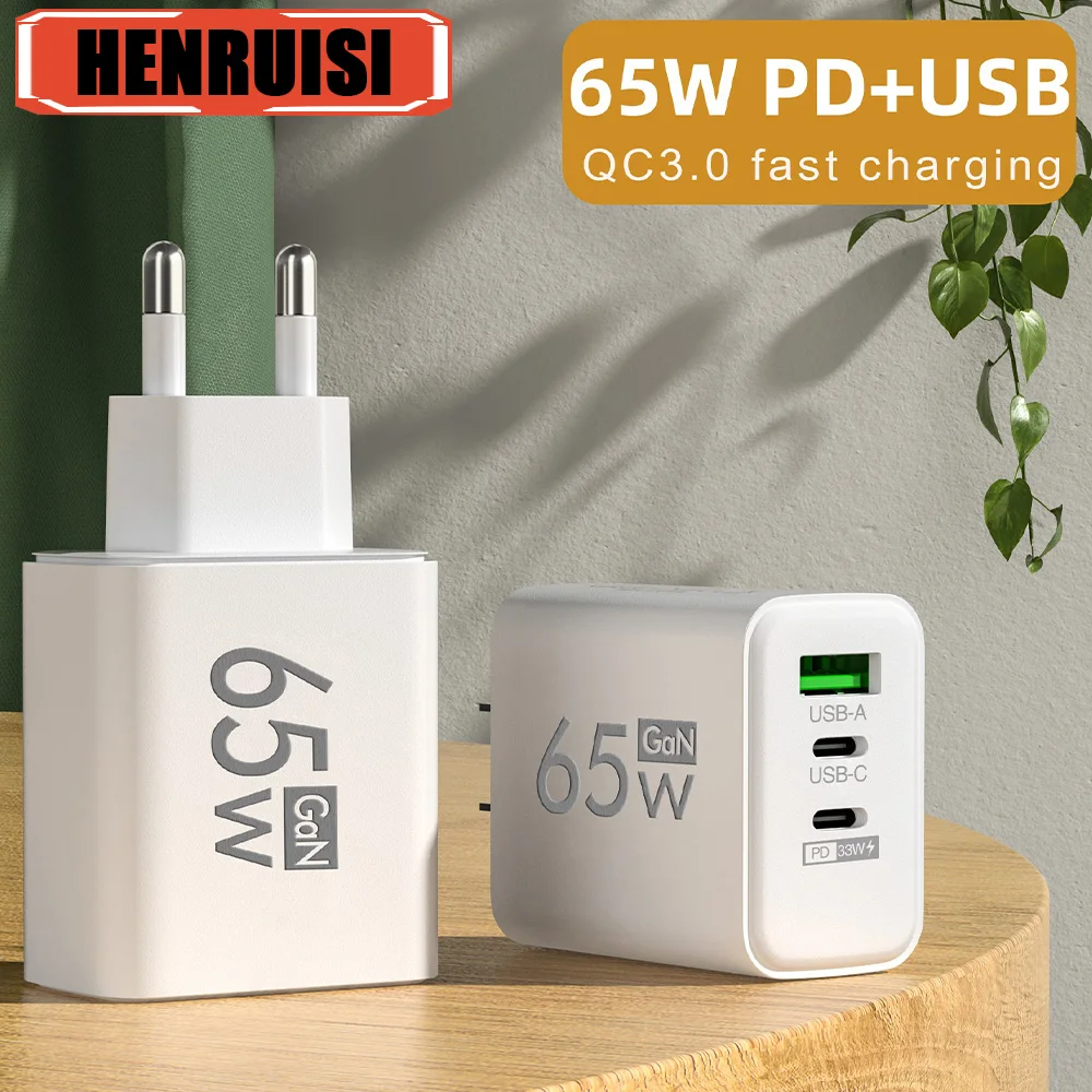 Gan-携帯電話充電アダプター,65W, PD, USB,超急速充電,QC 3.0, 3ポート,タイプC, EU, USプラグ,iPhone, Xiaomi, Samsung, Huawei