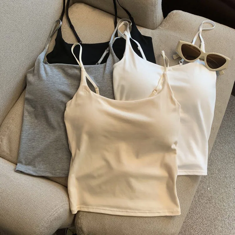 Basic Women Slim Camisole Built-in Bra Thickened Seamless Bra Vest Layered Underwear Jacket Solid Color Simple Summer Coat Sling
