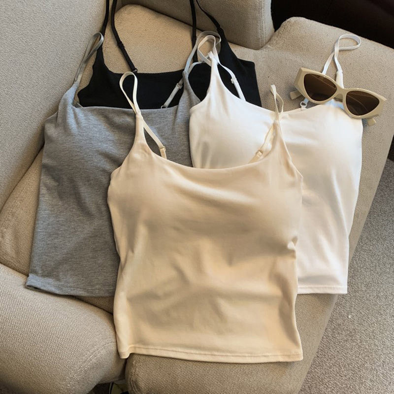  Basic Women Slim Camisole Built-in Bra Thickened Seamless Bra Vest Layered Underwear Jacket Solid Color Simple Summer Coat Sling 