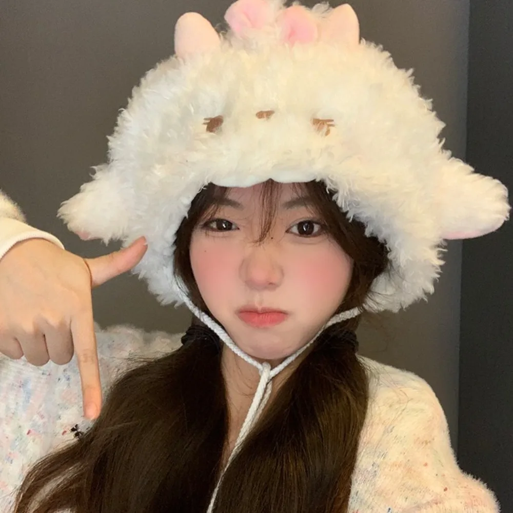 Fashion Soft Sheep Ear Bucket Hat Lolita Fluff Dome Hat Pink White Sweet Brimless Beanie Cap Outdoor