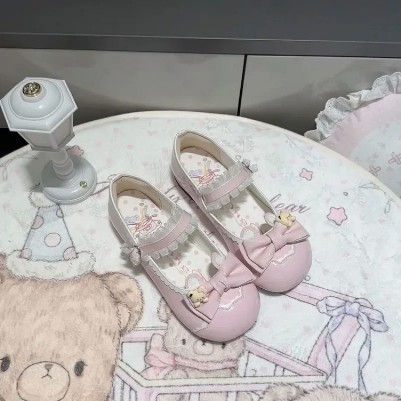 Sapatos Femininos Lolita de Salto Baixo, Estilo Sapatilha com Bico Redondo em Couro, Laço Adequado para Uso Diário/Cosplay/Festas.
