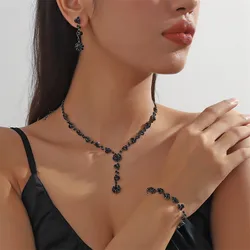 FYUAN Simple Black Crystal Necklace Earrings Bracelet Long Tassel Earrings for Wedding Bride Jewelry Sets Accessories