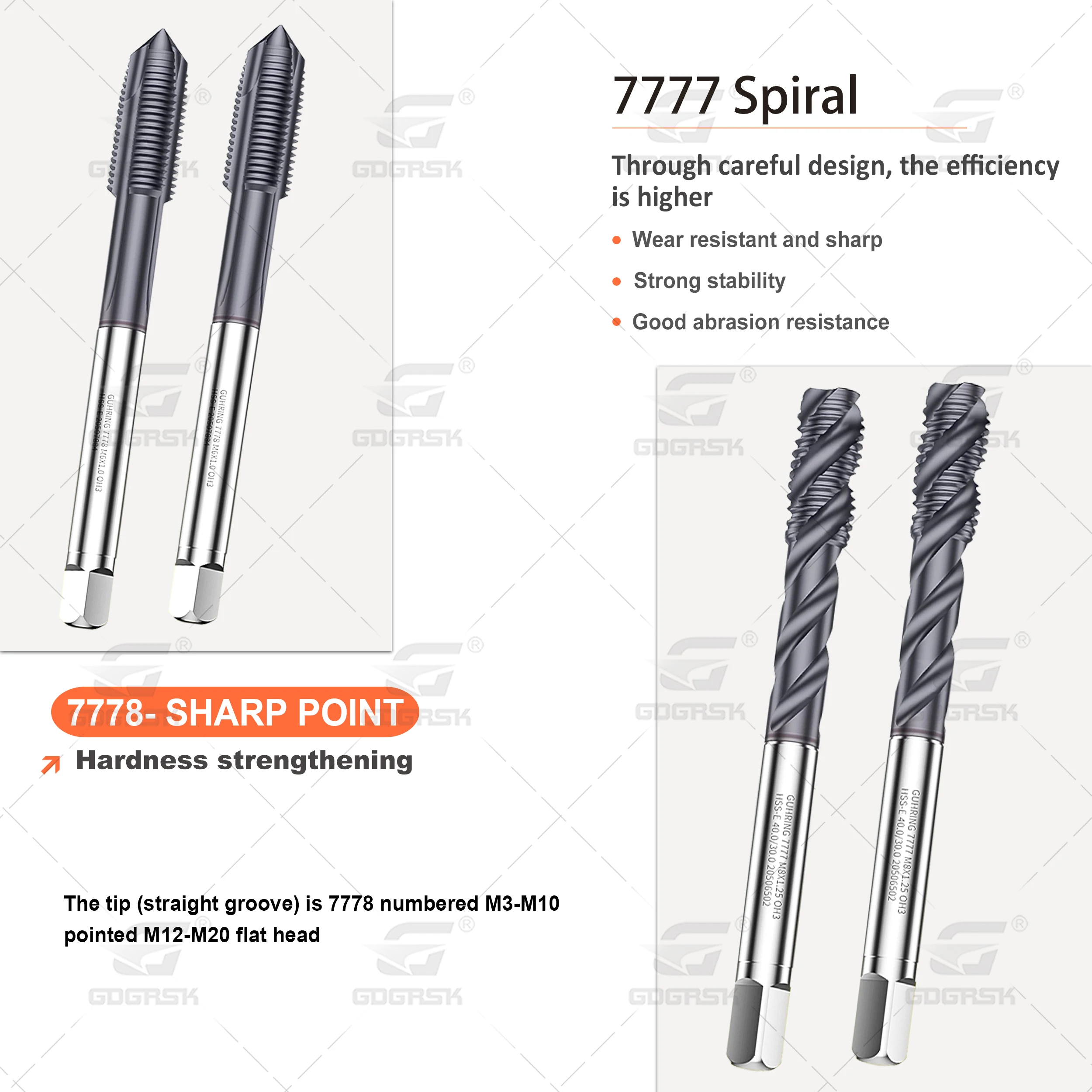Grifo de torno CNC M3x0.5 M4x0.7 M20x2.5 serie 7777, grifo en espiral de acero inoxidable, alta dureza, cobalto que contiene grifo de punta serie 7778