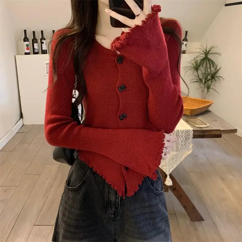 

Design-sensory Long-sleeved Bow Button Cardigan Knitted Women's Irregular Body Slim