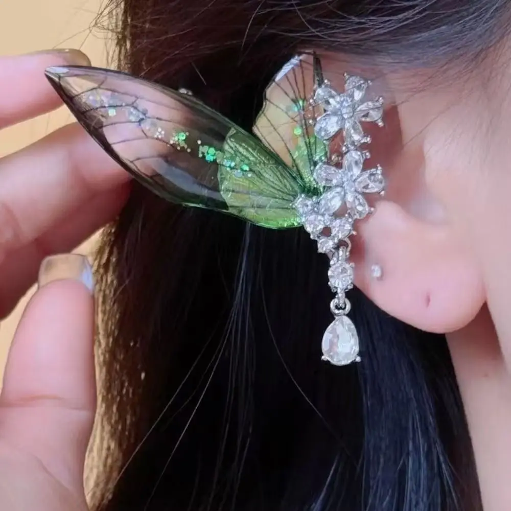 Sweet Exquisite Green Elf Ear Clip Transparent Rhinestone Butterfly Earrings Shiny Translucent Wings Ear Clip Party
