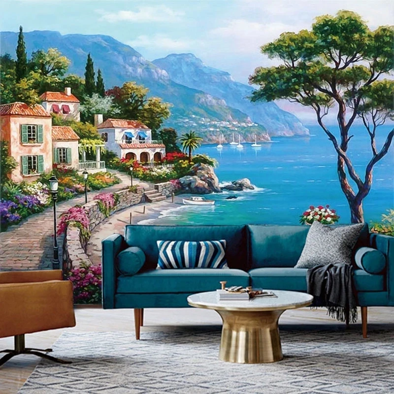 Custom 3D Mural Wallpaper Mediterranean Oil Painting Landscape Living room sofa TV background wall bedroom restaurant sea view