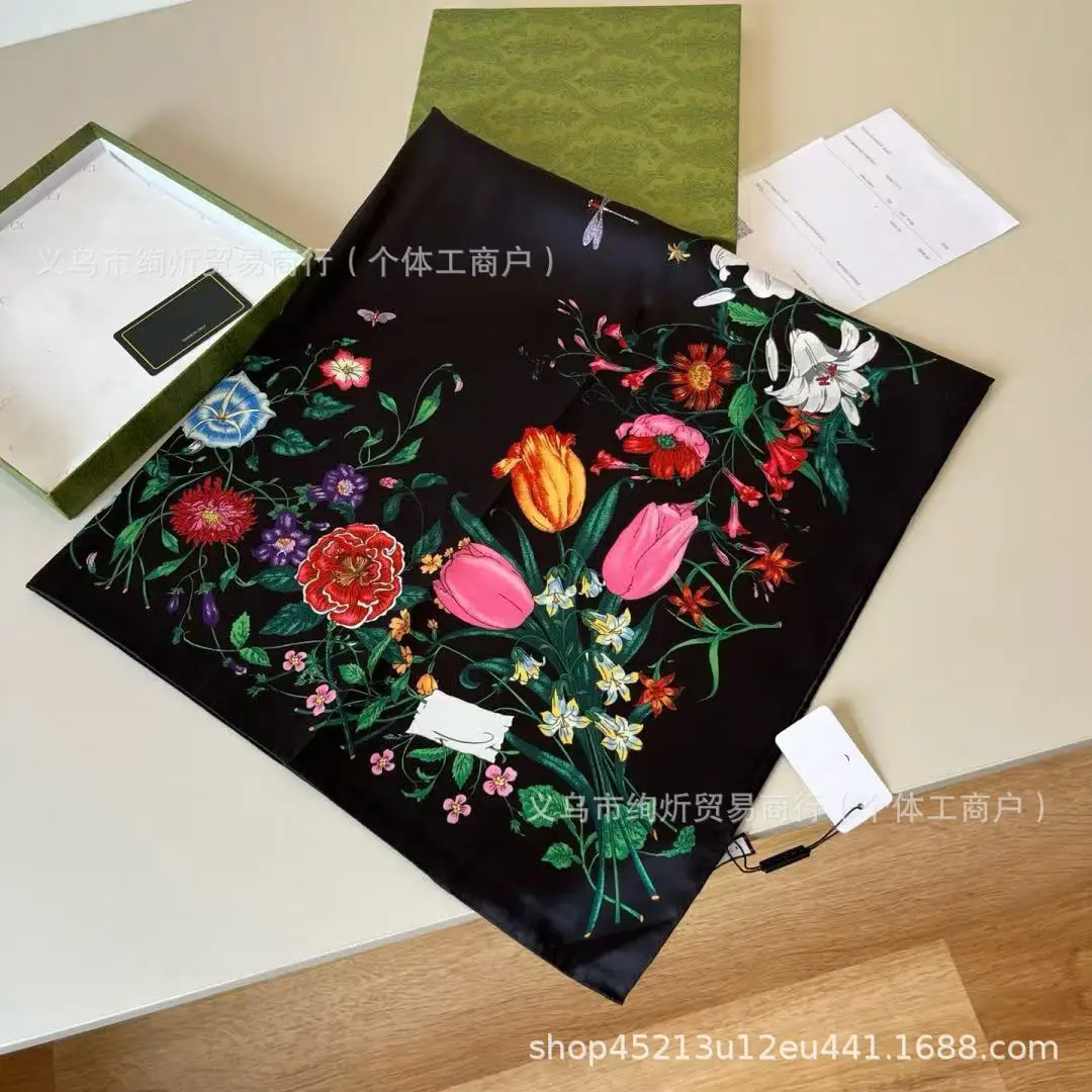 Echarpe-en-soie-de-90-cm-elegante-legere-de-luxe-a-imprime-floral-carree