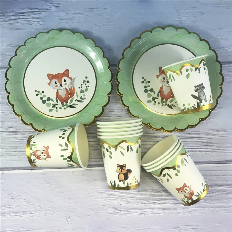 10 Stück Waldtier Fuchs Pappteller Tassen Geschirr Kindergeburtstag Party Dekor Babyparty Waldthema Dschungel Partyzubehör