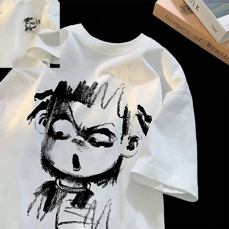 여름 프린트 반팔 티셔츠 남성 여름 트렌디 브랜드 신상 반팔 청소년 라운드넥 루즈핏 티셔츠 반팔