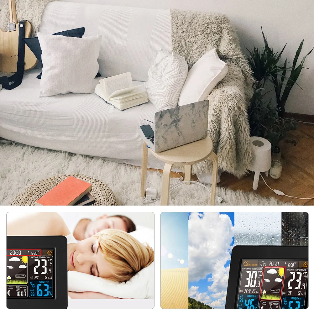 

1pc Weather Clock LCD Digital Display Hygrometer Thermometer Outdoor Temperature Humidity Barometer Alarm Clock Durable ABS