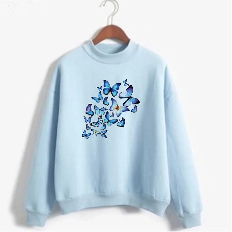 

Cartoon Butterfly Floral Elegant Print Women Sweatshirt Korean O-neck Knitted Pullover Thick Autumn Candy Color Lady Clothing