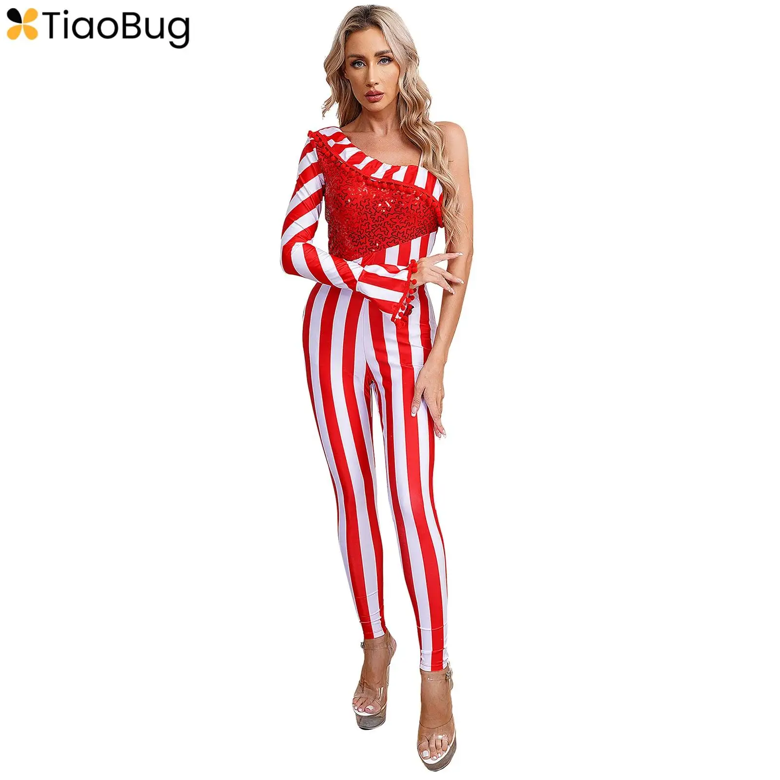 Womens Christmas Candy Cane Costume Bodysuit Shiny Sequins Striped Ballet Dance Gymnastics Leotard Xmas New Year Party Jumpsuit