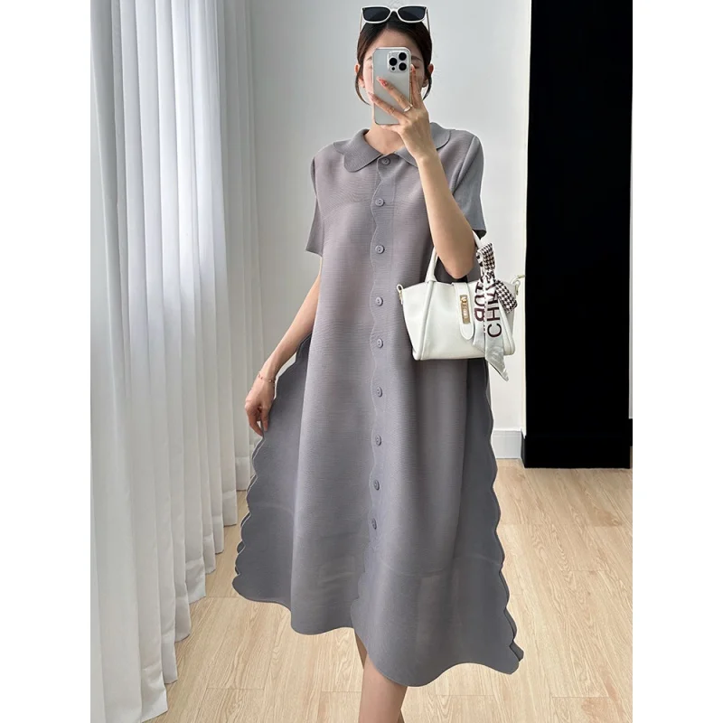 

Pleated women dress Design Polo Collar Dress Women's Summer Short Sleeve Loose dress 2023 New Flab Hiding Cardigan Pleated dress