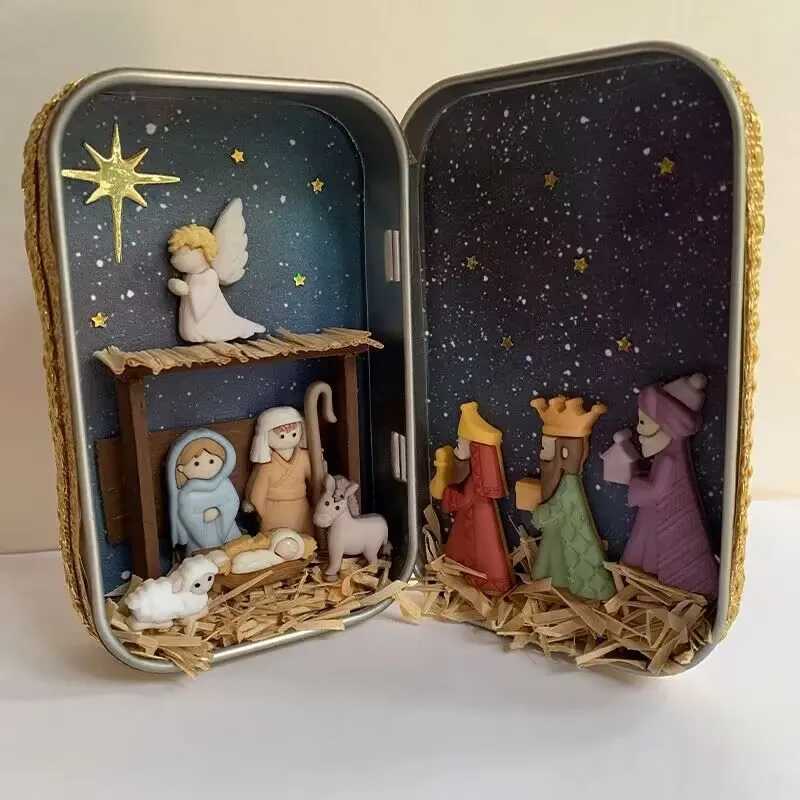 NewChristmas Natividad Navidad Caja de nacimiento Decoración de escritorio Artesanías Estatuas de resina Estatuas religiosas de la Sagrada Familia dibujadas a mano