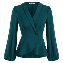 Genade Karin Dames Peplum Tops Elegante Wrap V Hals Lange Lantaarn Mouw Werk Blouse Office Top A30