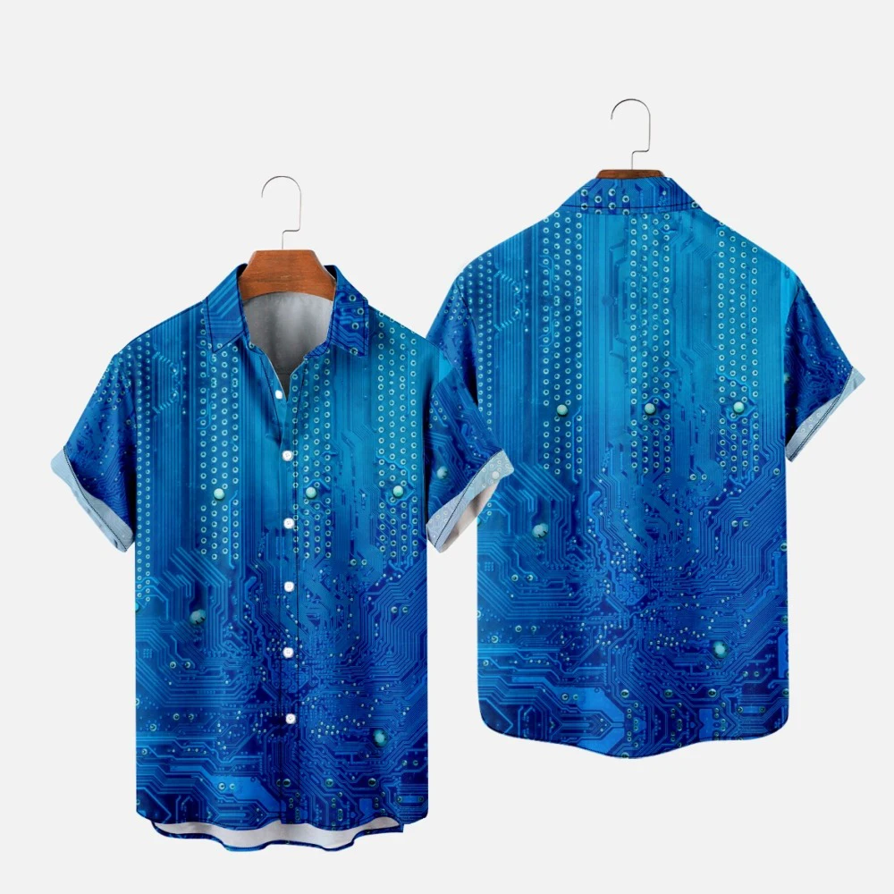 Man Hawaiian Button Up Shirts Hombre Fashion Shirt Circuit Board 3D Printed Warm Casual Short Sleeve Beach Oversized Clothes